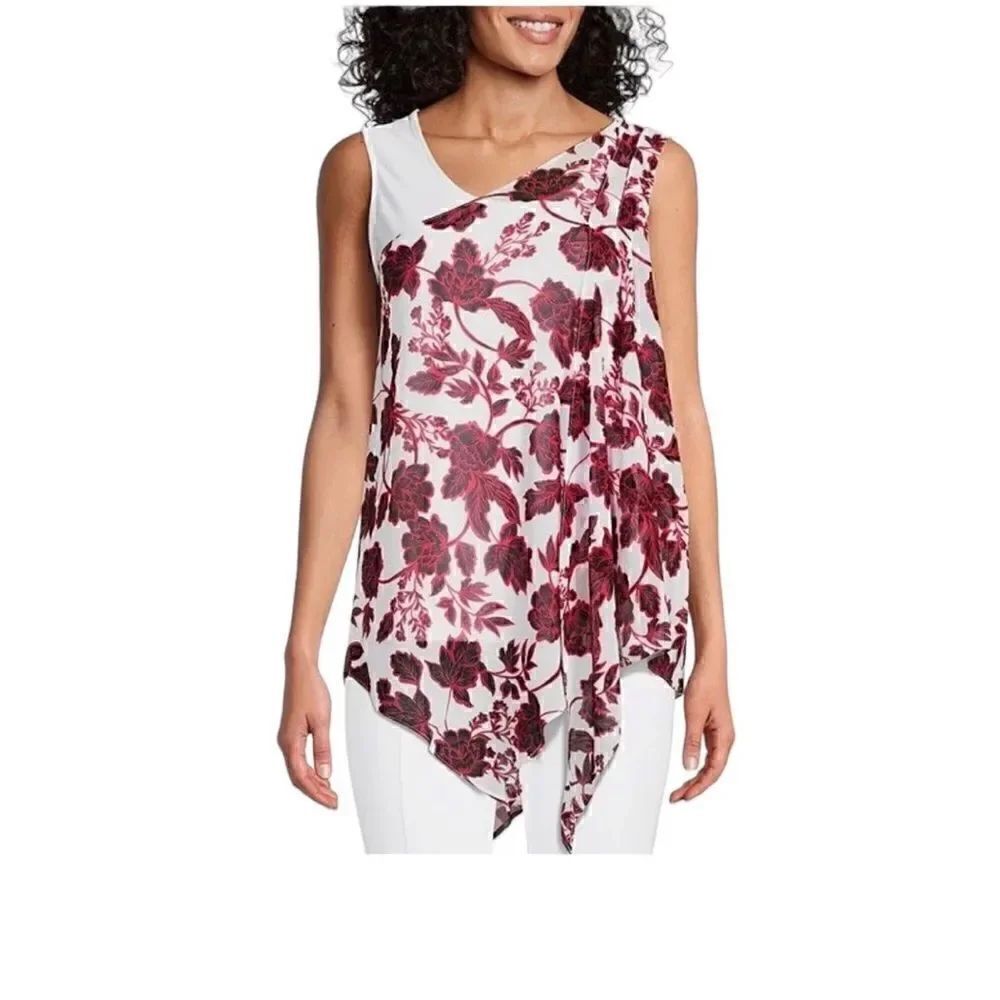 NWT Investments Slim Factor Floral Print Sleeveless Asymmetrical Neck Drape Top